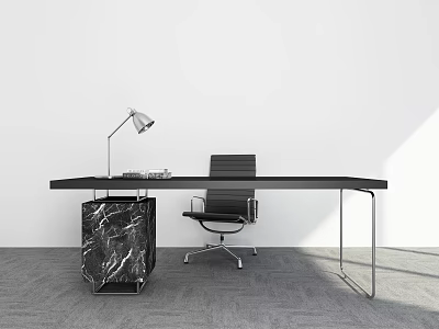 Modern Black Office Desk With Leather Chair Marble Side Cabinet And Table Lamp 3d model
