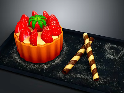 Fresh Strawberry Tart with Red Berries Striped Wafer Sticks and Powdered Sugar on Black Tray 3d model