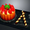 Fresh Strawberry Tart with Red Berries Striped Wafer Sticks and Powdered Sugar on Black Tray