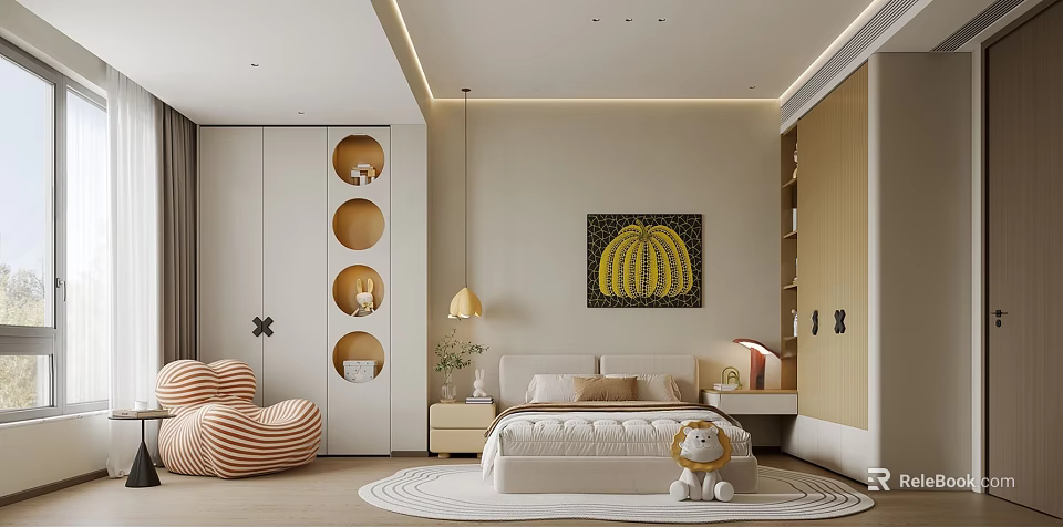 Cozy Modern Kids Room Interior With Bed Lion Stuffed Toy Wall Painting And Striped Chair 3d model 