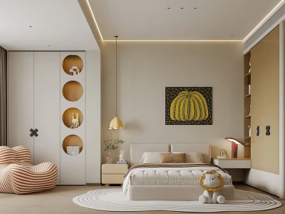 Cozy Modern Kids Room Interior With Bed Lion Stuffed Toy Wall Painting And Striped Chair 3d model