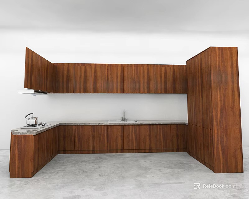 Modern Kitchen Interior With Wooden Upper Lower Cabinets Stone Countertop And Sink 3d model 
