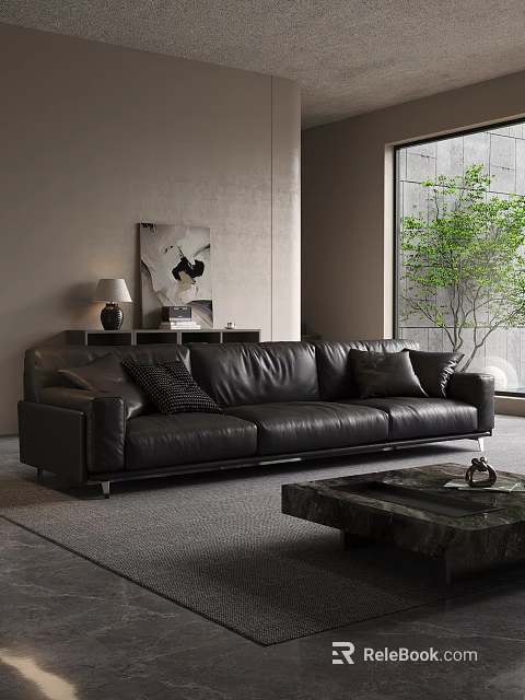 Modern Black Leather Sofa and Coffee Table Set with Cushions Green Plant and Decorative Art 3d model 