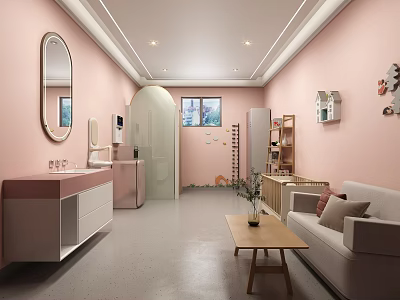 Pink Modern Store Interior With Sofa Coffee Table Mirror And Wall Decorations 3d model
