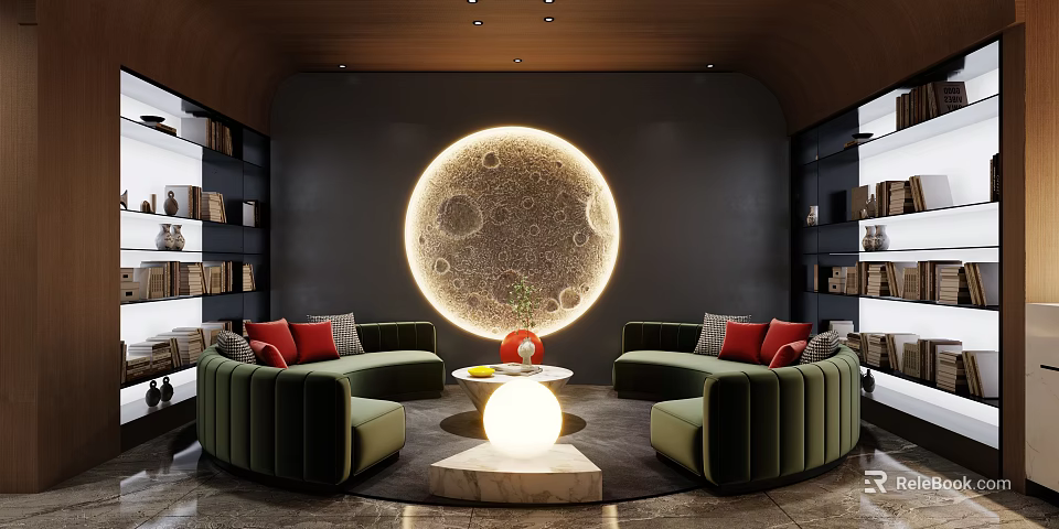 Hotel Public Lounge With Curved Green Sofas Red Cushions Moon Shaped Backdrop And Bookshelves 3d model 