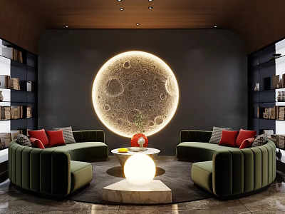 Hotel Public Lounge With Curved Green Sofas Red Cushions Moon Shaped Backdrop And Bookshelves 3d model