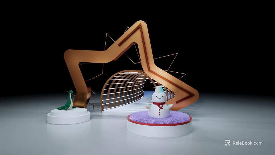 Gold Star Shaped Frame Arched Structure With Green Peacock And Snowman Decoration On Purple Base 3d model 