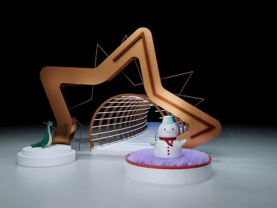 Gold Star Shaped Frame Arched Structure With Green Peacock And Snowman Decoration On Purple Base 3d model