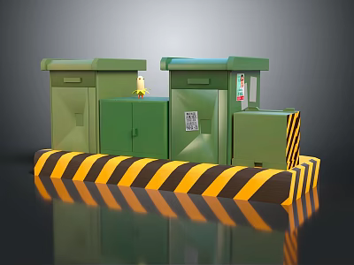 Green Electrical Control Cabinets With Yellow Black Striped Base And Panels 3d model