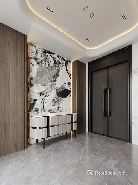 Modern Entryway Interior With Marble Wall Artwork Console Table And Vase 3d model 