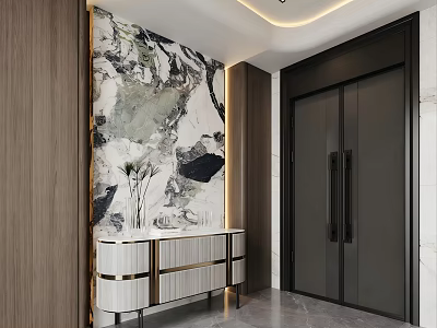 Modern Entryway Interior With Marble Wall Artwork Console Table And Vase 3d model