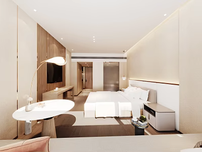 Modern Hotel Guest Room With King Bed Wooden Accents Round Side Table And Soft Lighting 3d model
