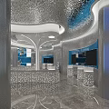Modern Exhibition Hall Interior With Silver Metal Hand Sculpture Curved Structure And Blue White Walls