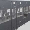 Industrial Equipment Production Line with Multiple Compartments Transparent Glass Windows Wheels and Small Table Beside