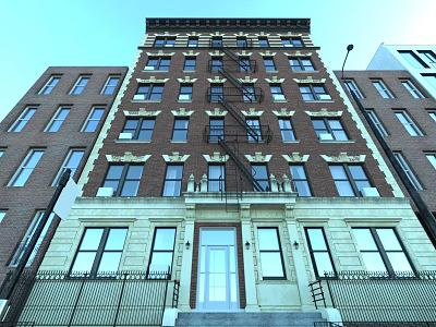 Historic Red Brick Apartment Building With Fire Escape Multiple Windows and Front Door 3d model
