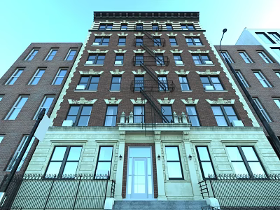 Historic Red Brick Apartment Building With Fire Escape Multiple Windows and Front Door 3d model