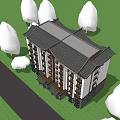 Traditional Chinese Multistory Building with Elegant Curved Roof and Green Lawn Trees