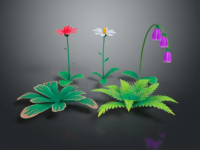 Colorful Garden Plants Featuring Red Flower White Daisy Purple Bellflowers And Green Leafy Ferns 3d model