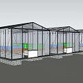 Various Greenhouse Structures with Glass Panels and Plant Growing Areas