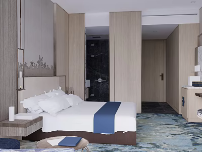 Modern Hotel Guest Room With Wooden Wall White Bed Blue Accent And Patterned Carpet 3d model