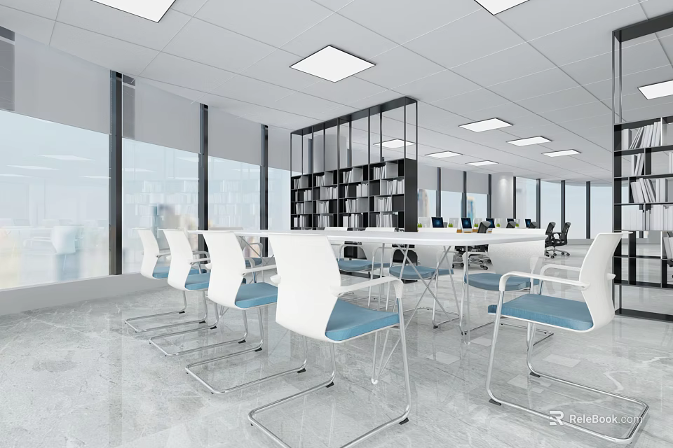 Modern Conference Room With Large Windows White Tables Blue Seats And Shelving Unit 3d model 