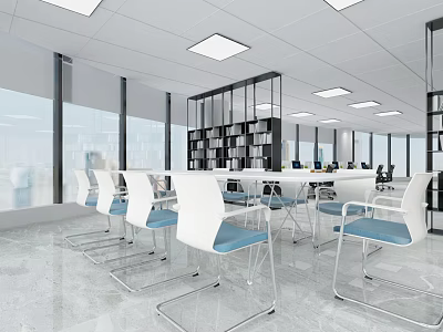 Modern Conference Room With Large Windows White Tables Blue Seats And Shelving Unit 3d model