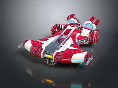 Red And White Sci Fi Spaceship Model With Multiple Engines And Transparent Cockpit 3d model