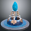 Ornate Decorative Sculpture With Blue Faceted Top Copper Chains And Circular Base
