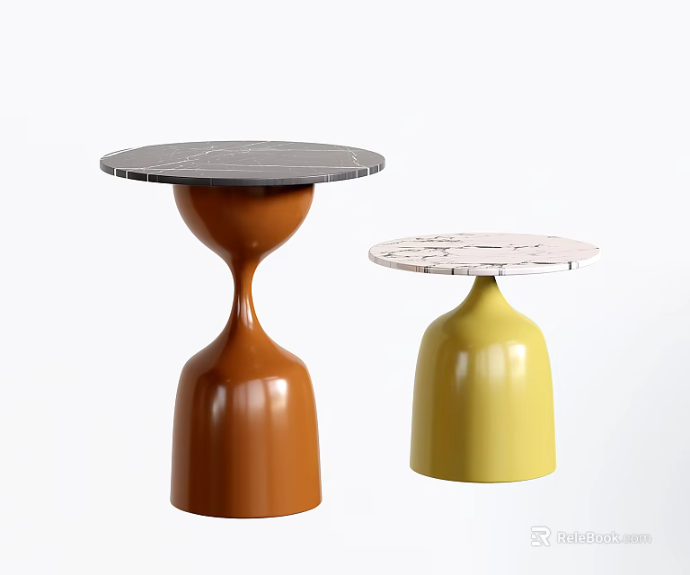 Two Stylish Side Tables With Brown And Yellow Bell Shaped Bases And Marble Tops 3d model 