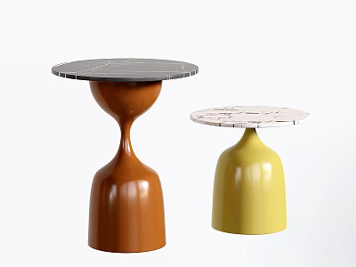 Two Stylish Side Tables With Brown And Yellow Bell Shaped Bases And Marble Tops 3d model
