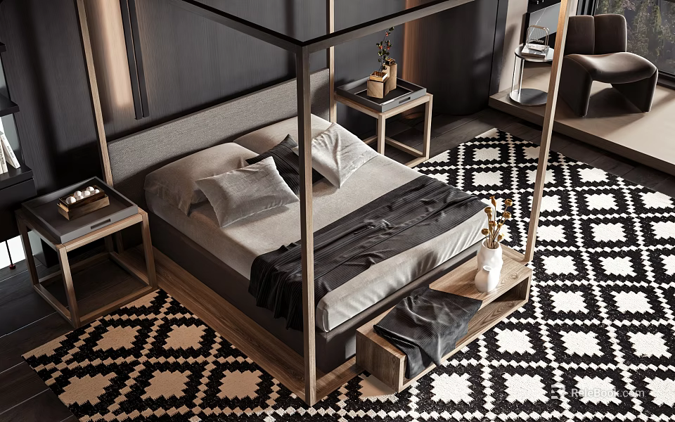 Elegant Double Bed Bedroom Interior With Metal Frame Gray Bedding And Geometric Rug 3d model 