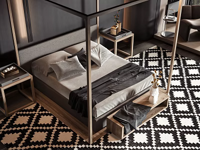 Elegant Double Bed Bedroom Interior With Metal Frame Gray Bedding And Geometric Rug 3d model