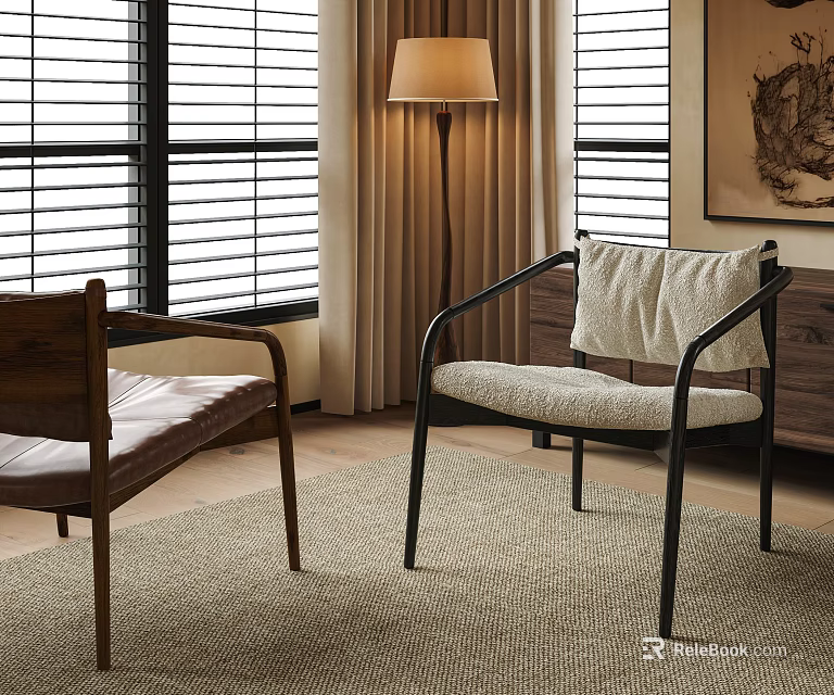 Cozy Accent Chair With Soft Upholstered Seat Black Metal Frame Floor Lamp And Window Blinds 3d model 