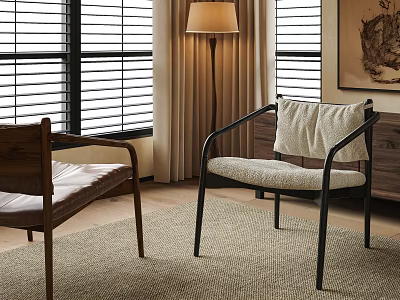 Cozy Accent Chair With Soft Upholstered Seat Black Metal Frame Floor Lamp And Window Blinds 3d model
