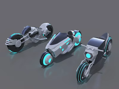 Three Futuristic Motorcycles With Blue Glowing Wheels And Sleek Modern Design 3d model
