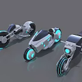 Three Futuristic Motorcycles With Blue Glowing Wheels And Sleek Modern Design