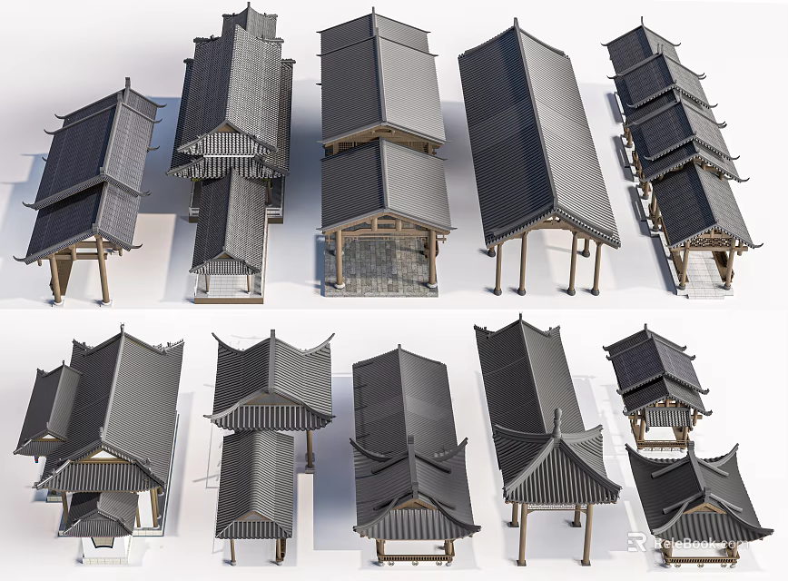 Traditional Chinese Pavilions With Various Roof Structures Wooden Frames And Tile Covers 3d model 