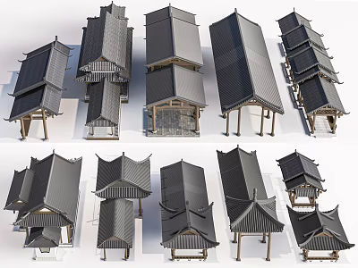 Traditional Chinese Pavilions With Various Roof Structures Wooden Frames And Tile Covers 3d model