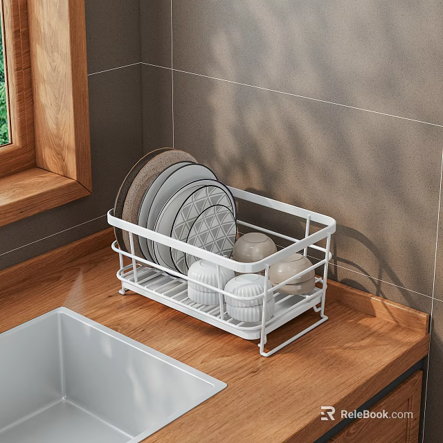 Organized Dinnerware Set In White Dish Rack On Wooden Countertop Modern Kitchen 3d model 