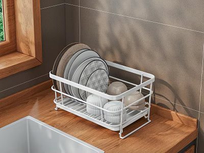 Organized Dinnerware Set In White Dish Rack On Wooden Countertop Modern Kitchen 3d model