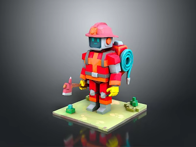 Pixel Art Firefighter Figure In Red Uniform With Helmet Hose And Axe 3d model