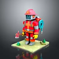 Pixel Art Firefighter Figure In Red Uniform With Helmet Hose And Axe