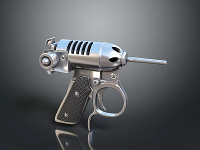 Silver Metallic Vintage Pistol With Textured Grip Barrel Trigger And Classic Weapon Design 3d model