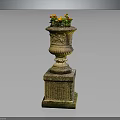Elegant Decorative Stone Vase With Carved Base Holding Yellow Orange Flowers