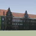 Historic Red Brick Building With Green Ivy Covered Walls Orange Roof And Pointed Spires