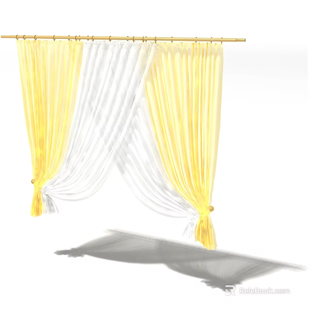 Elegant Yellow And White Layered Sheer Curtains For Home Window Decor 3d model 