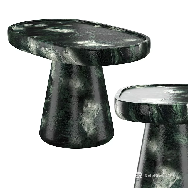 Modern Stylish Side Tables With Dark Green Marble Oval Top And Conical Base 3d model 