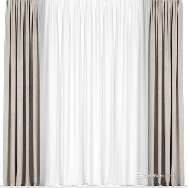 Elegant Beige Curtain Panels With White Sheer Layers For Window Decoration 3d model 