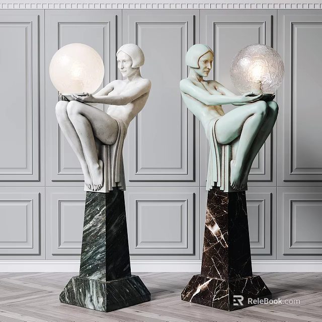 Sculptural Abstract Floor Lamp With Human Figure Design Glass Globe Shade And Marble Base 3d model 