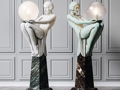 Sculptural Abstract Floor Lamp With Human Figure Design Glass Globe Shade And Marble Base 3d model